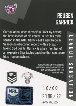 2022 NRL Elite - League Sensations Signatures Black #LSB06 Reuben Garrick Back